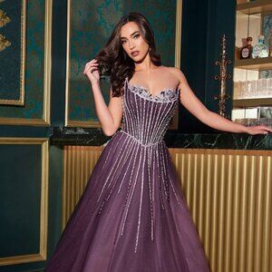 New Strapless Maxi Tulle Gown w/ Dazzling Beaded Bustline & Boned Bodice CDS541